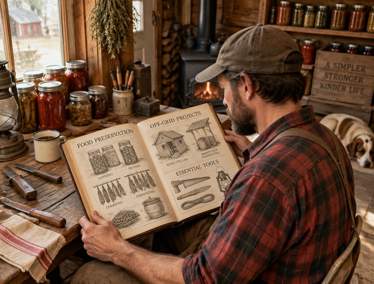 A reader using a practical field manual at a homestead workbench